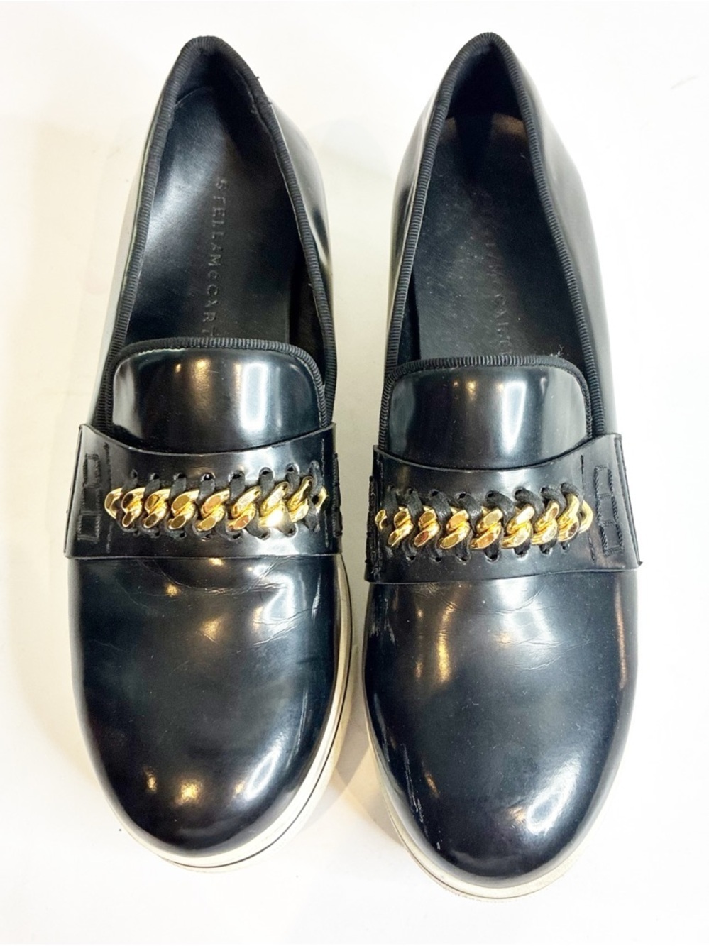 Stella McCartnery | Black Patent Leather Gold Chain Link Slip On Sneakers